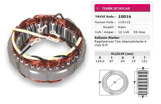 Stator Mako Tip 12V 55A Tofas Ym Nursan 120012 | YAVUZ 10 036