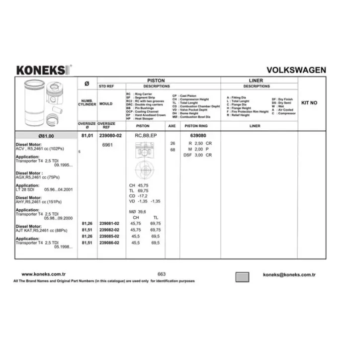 Piston+Segman (81,01MM Std 3 / 4 / 5 Pistonlar) LT28 LT35 LT46 T4 2,5TDI Acv Agx Ahd Ahy Ajt Anj Apa Auf Axg Axl Ayc Ayy Bbe Bbf | KONEKS 239080-02 | OEM 074107065AA 074107103AA 074107065AB