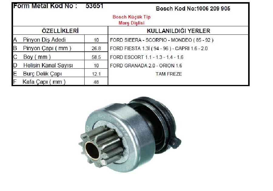 Marş Dişlisi Bosch Tip 10D-10K - Mondeo 1985-1992-Fiesta-Sıerra-Scorpıon | OEM 53651
