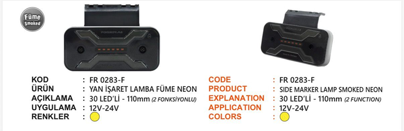 Fr 2 Fonksiyonlu Yan İşaret Lamba Neon 30 LED Füme Camlı Sarı Braketli