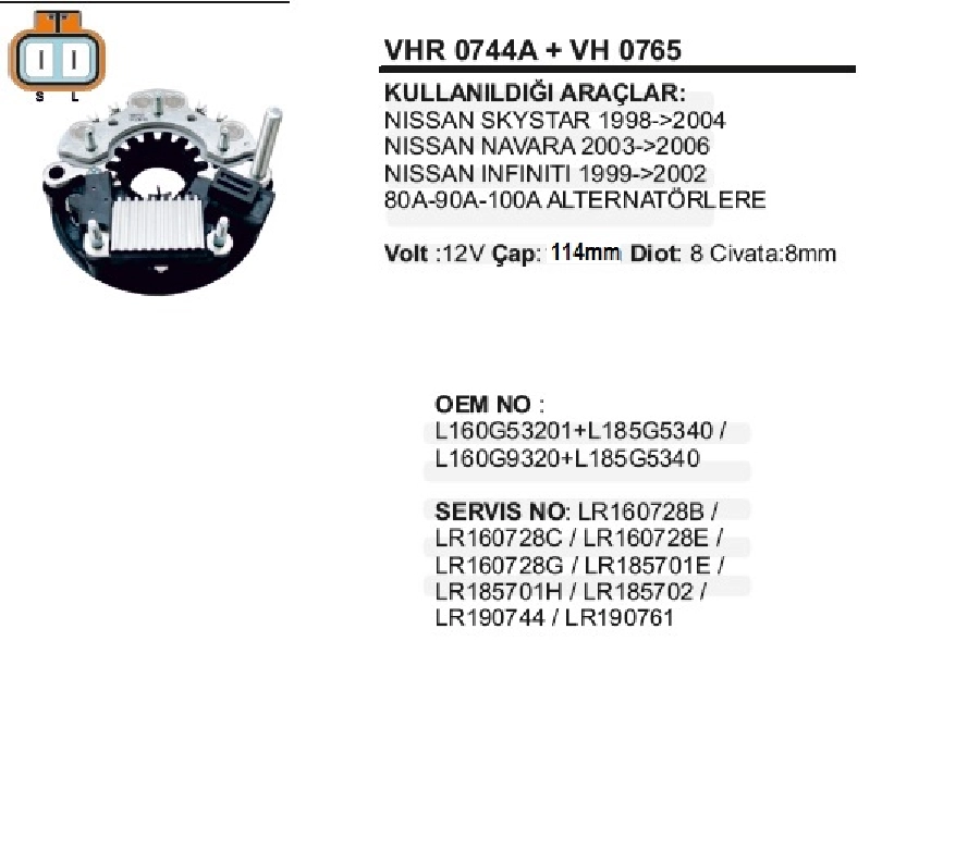 Konjektör + Diyot Tablası Set 12V Hitachi Tipi 114mm Nissan Navara, Skystar, Infınıty, Ceyran Civatası 8 | OEM VHR0744A+VH0765
