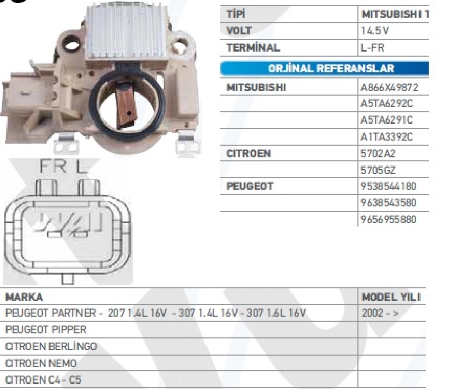 Konjektör Mitsubishi Tip 12V. (14.5V) Peugeot Partner 206-207-307* Citroen C4-C5-Berlingo-Xsara Pıp | OEM TRS.YR.IM498