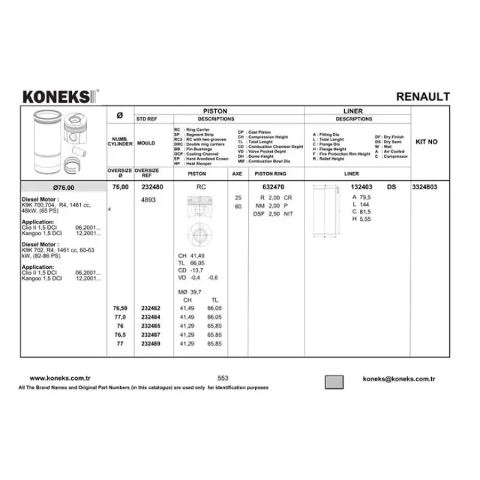 Motor Piston+Segman Clio Symbol Kangoo Modus Thalia (Pim Capi 25MM) (1,5DCI K9K Em) (76MM Std) | KONEKS 232480 | OEM 87-71820-STDB