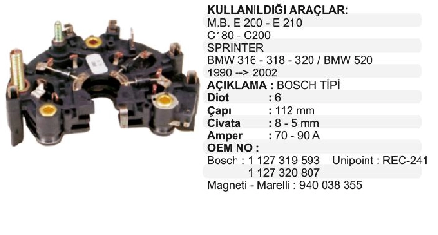 Diyot Tablası Bosch Tipi Mb E200, C180 90 Amper Yeni Model | OEM RB121H