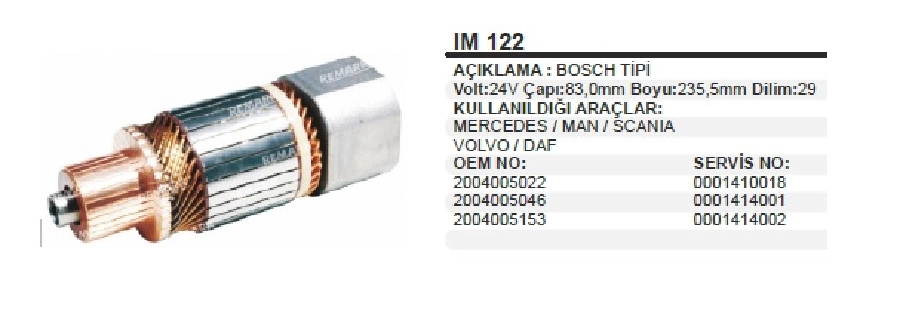 Marş Kollektörü Bosch Tip 24V Alfkb Kısa Mercedes MAN Scania Volvo DAF 29 Dilim Çap 83 2000 Uzunluk 235,5 M | OEM IM122