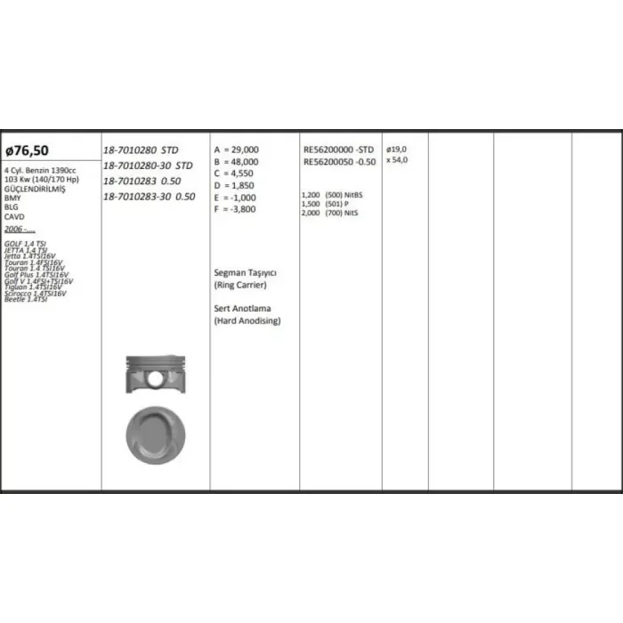 Piston+Segman (76,51MM Std) Golf V / VI / Plus Alhamra Beetle (Touran 1,4TSI / FSI) Eos Jetta III / IV Passat Scirocco Sharan Tiguan 1,4TSI (140 / 150 / 160 / 170 Ps) Blg Bmy Bwk Cava Cavb Cavc Cavd Ctha Cthd 05>> | KINGPISTON 18-7010280 | OEM
