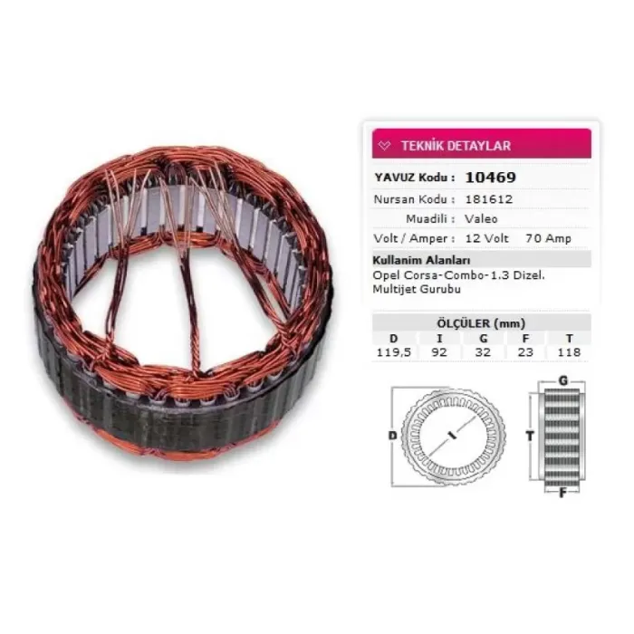 Stator Valeo Tip 12V 70A Opel Corsa Combo 1 3 Dizel Multijet Gurubu Nursan 181612 | YAVUZ 10 469