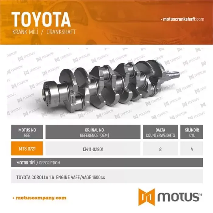 Krank Mili Toyota Corolla 1.6 Karbutatorlu 4AF Motor Corolla 1.6 Enjeksyonlu 4AFE Motor 1992-1999 | MOTUS 721 | OEM 1341102901