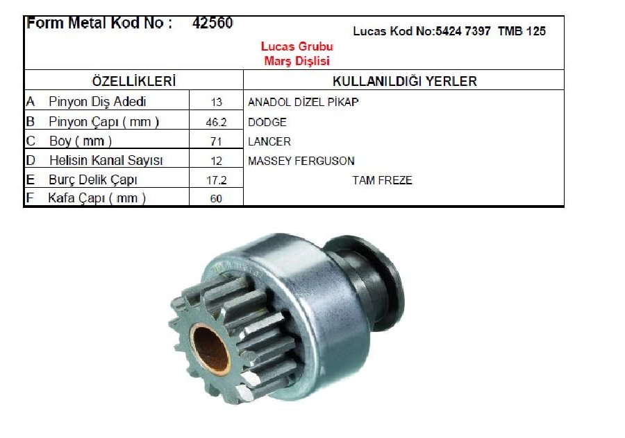 Marş Dişlisi 13D Lucas Tip Yk - Anadol Dizel Kamyonet-Dodge-Mf Ford Transit Dzl | OEM 42560
