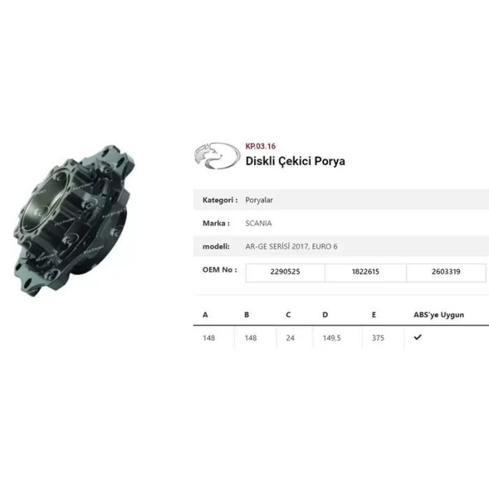 Dingil Poryasi Arka Teker Diskli Rulmansiz Scania Euro 6 Ar-Ge Serisi 2017, Euro 6 | KURTSAN KP.03.16 | OEM 2290525 1822615 2603319