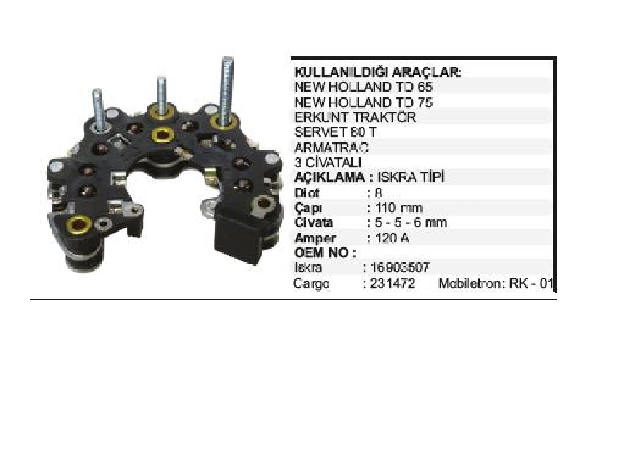 Diyot Tablası Iskra Tip - Volvo, Erkunt Traktör, Servet 80T, Lada, New-Holland, Jcb (Devır Saat Cıkıslı | OEM VSK0020