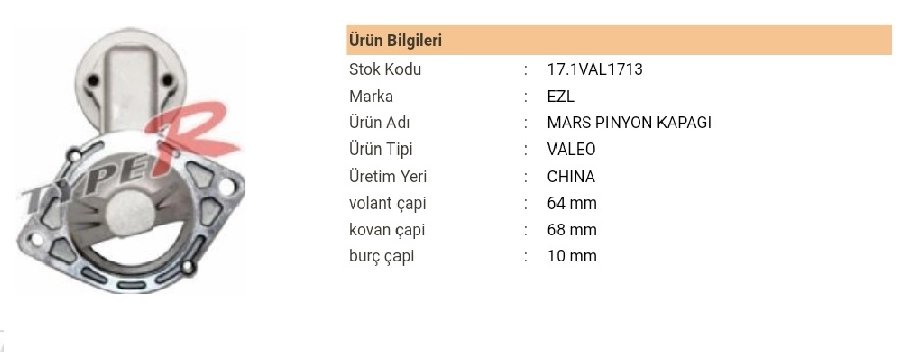 M. Pinyon Kapağı Marş: 10VAL0296, Opel Corsa, Astra 1.3 CDTI | OEM 17.1VAL1713