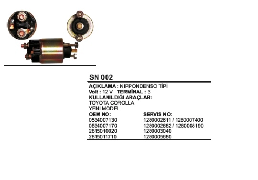 Marş Otom 12V. Toyota Corolla Yeni Model, Forklift 043400-7130 | OEM SN002