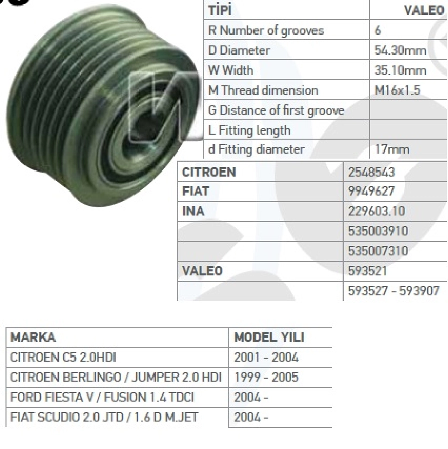 Alternatör Kasnak Bilyalı Citroen C5 2.0HDI - Ducato 2.0JTD - Ford Fiesta V KSN94259 | OEM WUT.1102.0082