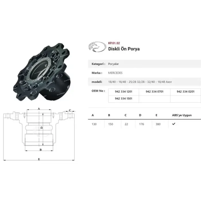 Dingil Poryasi On Teker Diskli Mercedes Axor Actros Em 2528 / 1840 / 1848 / 3240 / | KURTSAN KP.01.02 | OEM 9423341201-9423340701-9423340201