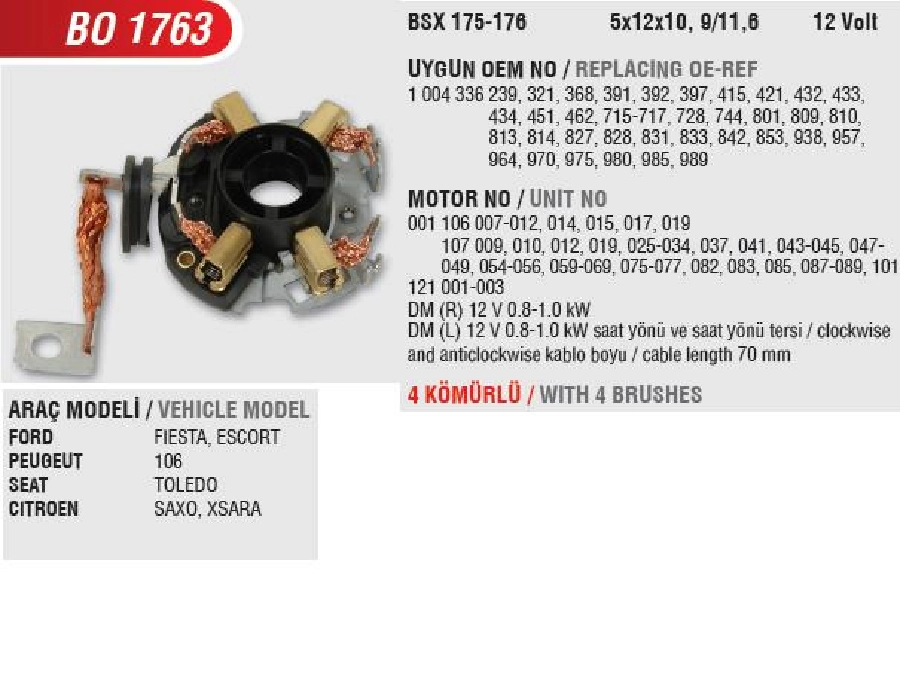 Marş Kömür Yuvası - Renault Magane 2, Cit. Berlingo 1.9D-Jumper 1.9D Seat Cordoba-Ibiza 1996 ve Sonrası-VW Caddy 1,4-1 | OEM BO1763