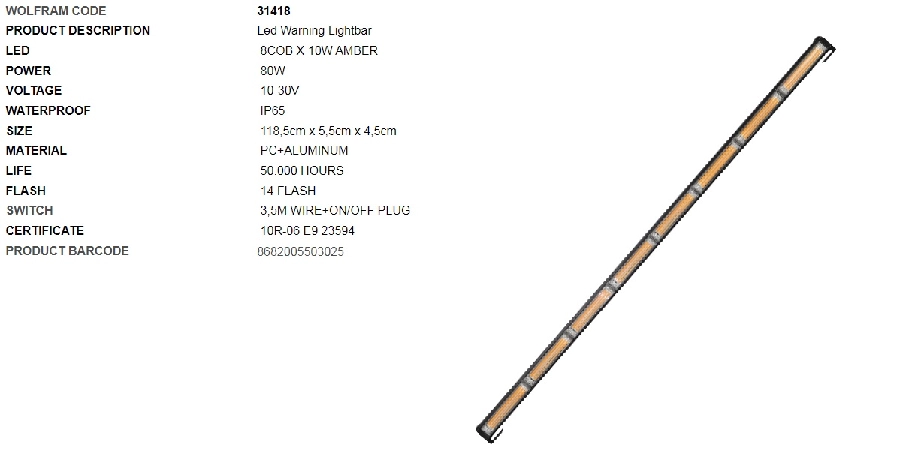 Neon LED İkaz Işığı 14 Fonksiyon E Belgeli 118CM 12, 24V 80W E9 ( 8COB X 10W Amber ) | OEM 31418