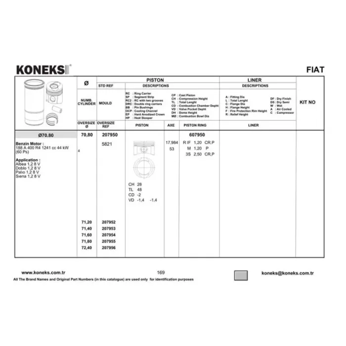 Piston+Segman 70,8MM Std Albea-Doblo-Palio-Siena / 1.2 Cc 8V | KONEKS 207950 | OEM YENMAK 4285-STD