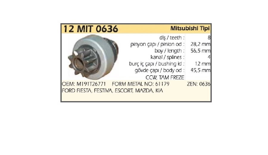 Marş Dişlisi 8 Diş, CCW Ters Dönüş Ford Fiesta, Festıva, Escort, Mazda, Kia Pride | OEM 12MIT0636
