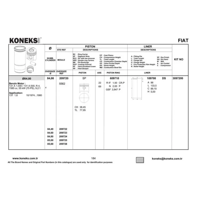 Piston+Segman 84MM (0,4MMFARKLI) Tofas Dks -131 (1600 Cc) | KONEKS 209722 | OEM YENMAK 3397-040