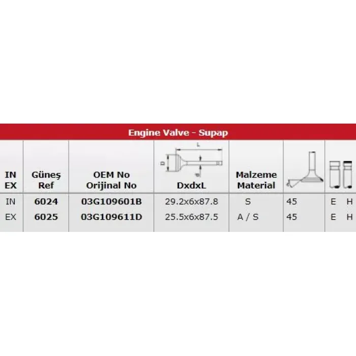 Subap Takimi Passat 2,0TDI 16V (In 8 / Ex 8) | GUNES 6024-6025 | OEM 03G109601B 03G109601D