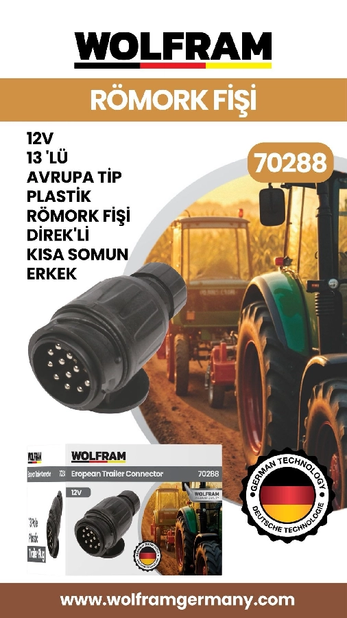 13 Lü Avrupa Tip Pls Römork Fişi Direkli Kısa Somun Erkek 12V | OEM 70288