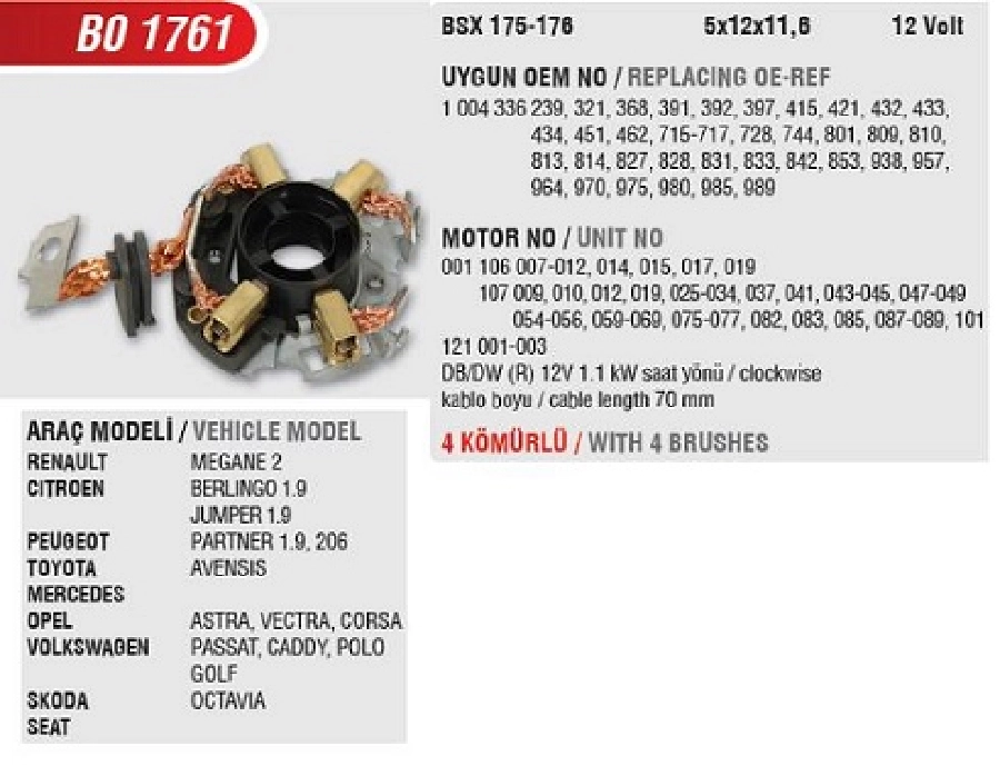 Marş Kömür Yuvası Bsx 175-176 Cu (Uygun Kömür:BSX175, 176CU) | OEM BO1761CU
