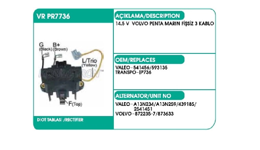Konjektör Valeo Tip 14.5V - Volvo Penta, Marın Fıssız (3 Kablo) | OEM VRPR7736