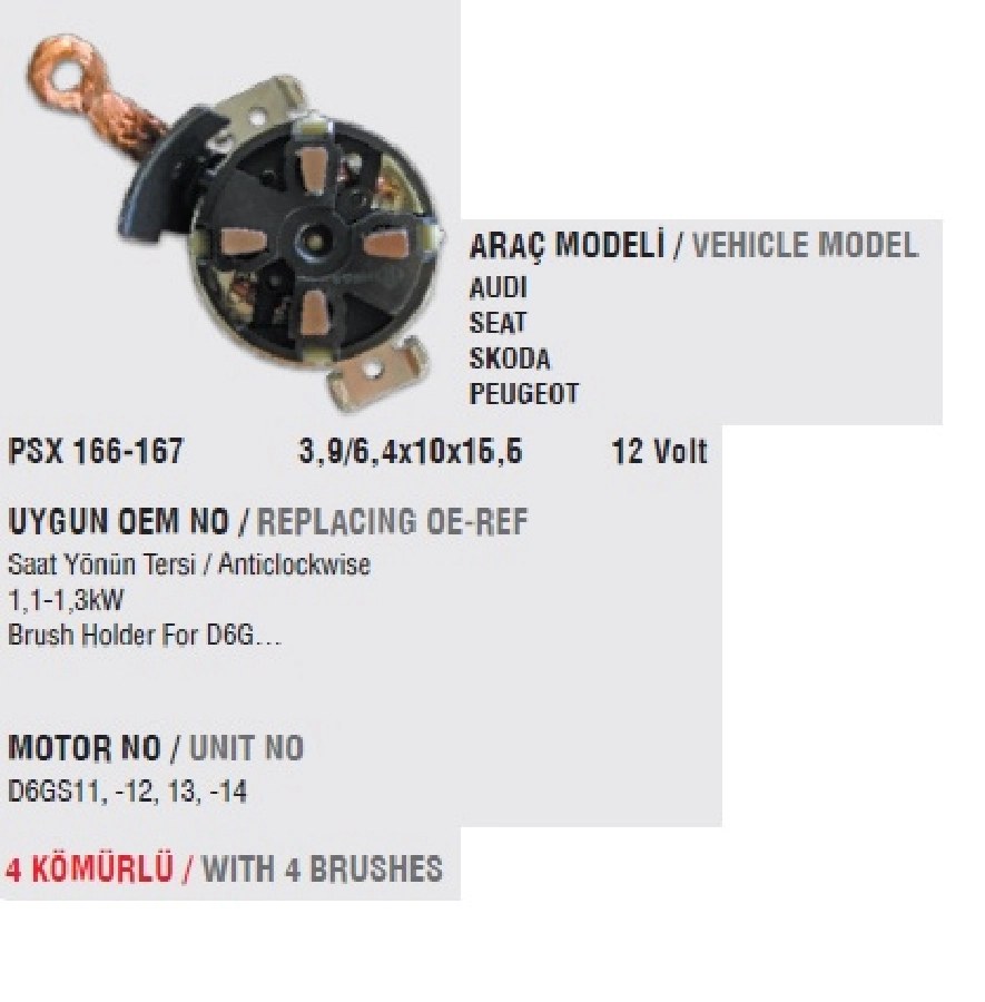 Marş Kömürü Yuvası Psx-166-167, Seat Audi Skoda Peugeot Ters Dönüş, D6GS11 Marşlarda (Uygun Kömür:PSX | OEM VA1672
