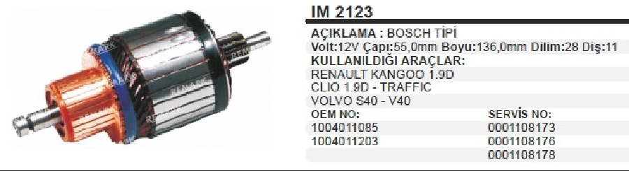 Marş Kollektörü Bosch Tip 12V Renault Clio Kangoo 1,9 D Traffic Volvo S40, V40 28 Dilim 11 Diş Çap 54,7 2000 | OEM IM2123