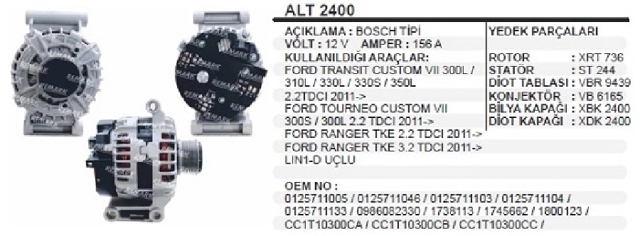 Alternatör 12V 150A Bosch Tipi DİNAMO1 Transit V347 2,2 TDCI, Jumper 2,2 HDI, Ducato 15, 17 2,2 JTD, Boxer 2 | OEM ALT2400