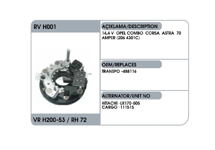 Konjektör + Diyot Tablası Set 14.4 V - Opel Combo, Corsa, Astra (206 4301C) | OEM RVH001