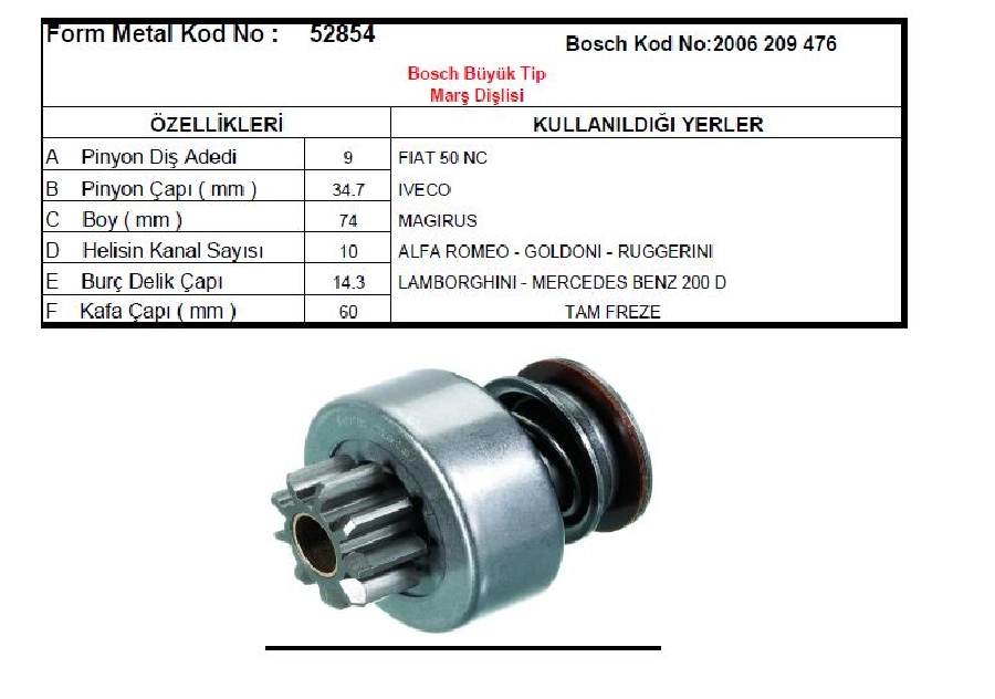 Marş Dişlisi 9D Bosch Tipi (0366) Alfa Romeo-Mercedes 200D-Iveco | OEM 52854
