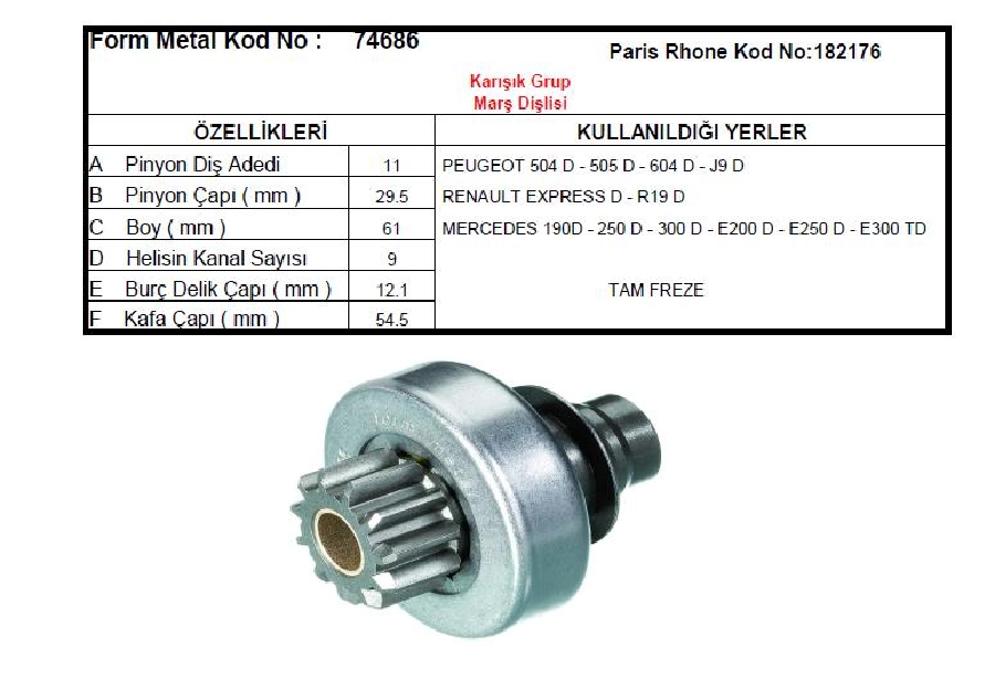Marş Dişlisi 11D - Valeo Tipi Citroen Bx, Xm, Xantıa, Zx, Ford, Mercedes, Peugeot 404-405-504-604, J9, Renau | OEM 74686