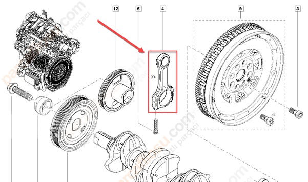Piston Kolu Talisman> Fluence> Megane> Trafic Scenic> Koleos> Espace> Qashqai> Juke> 10-Trail> NV300> C Class> Vivaro> Talento R9M- OM626 1-6 Cc Motor | BMY 0904 | OEM 121001039R 121004759R
