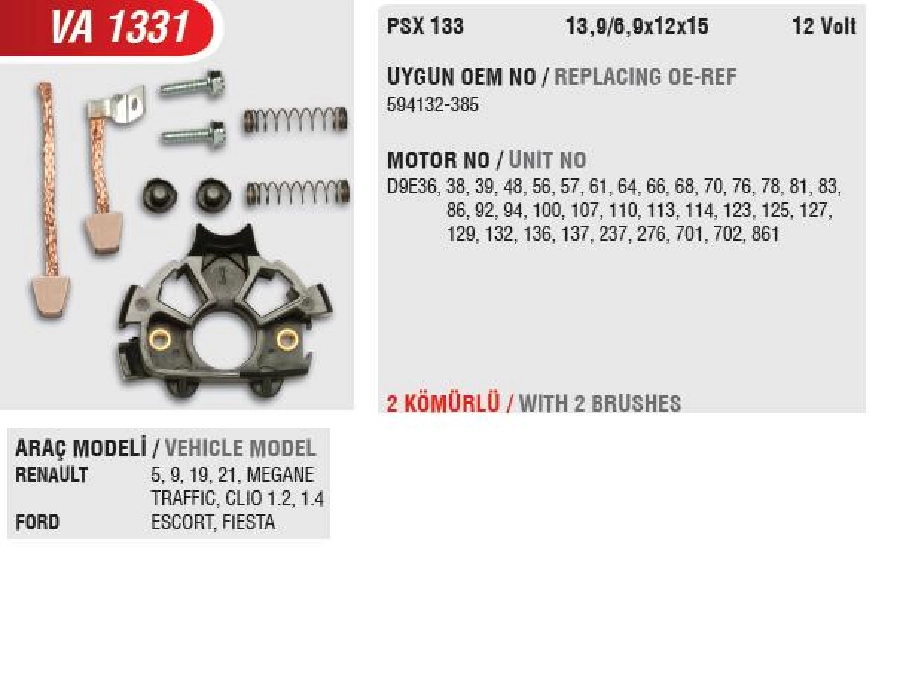 Marş Kömür Yuvası Valeo 101589 Renault 9-12 2KOMUR + Yaylı (Uygun Kömür:PSX133) | OEM VA1331