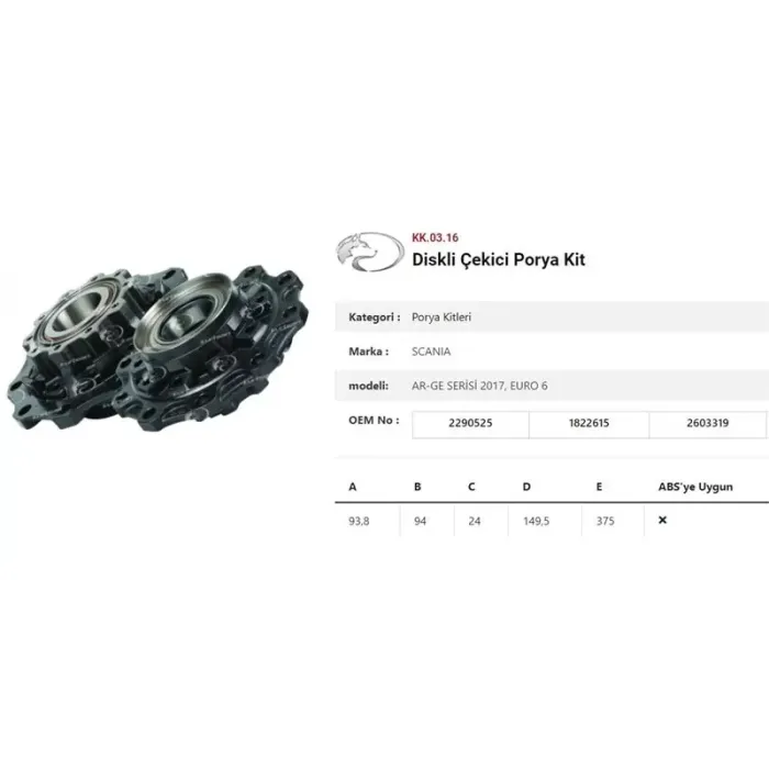Dingil Poryasi Arka Teker Diskli Rulmanli Kit Scania 2017, Euro 6 | KURTSAN KK.03.16 | OEM 2290525 1822615