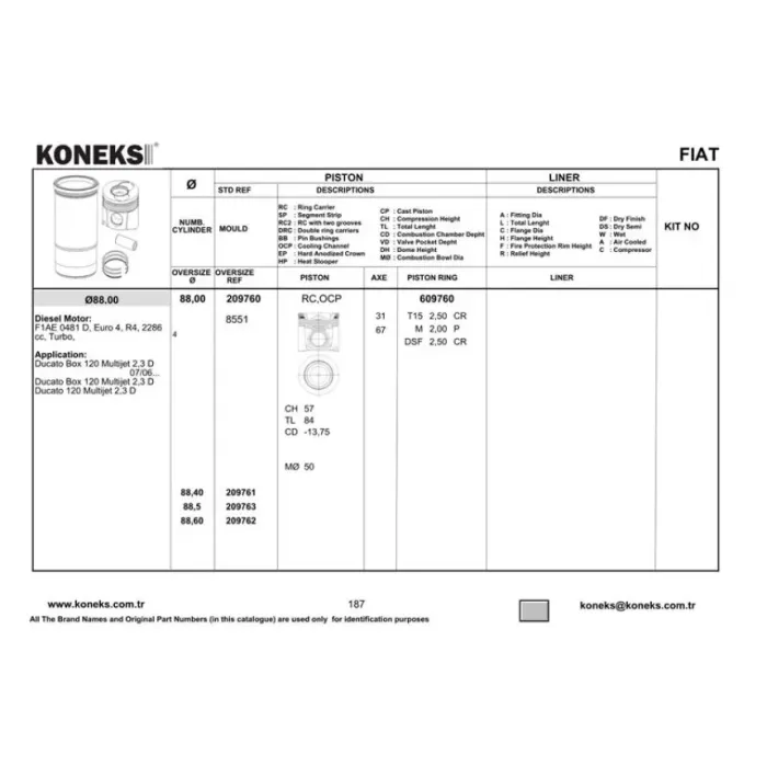 Piston+Segman 88MM Std Ducato Box - 2.3 D 120 Multijet - (F1AE 0481D) | KONEKS 209760 | OEM 500054823 500054824 K100173