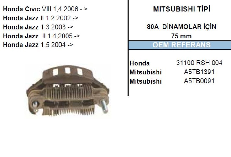 Diyot Tablası Mitsubishi Tip - 75mm 6X35 Honda Civic 7 1.4 (2006 ve sonrası ) Jazz 1.2-1.4 (2002 ve sonrası ) (VRH2009-11 | OEM RM158