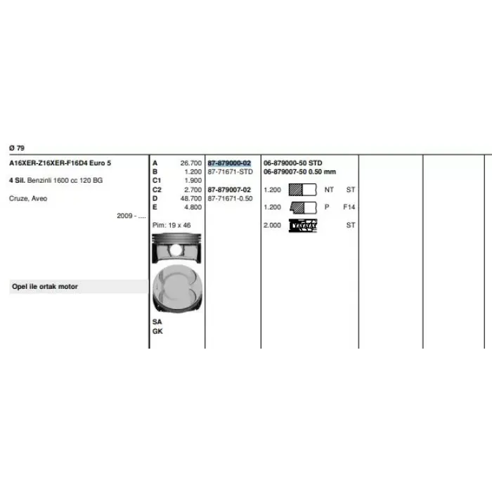 Piston Segman Z16XER A16XER Astra H / J Insignia Cruze (79,00MM) Std | GOETZE 8771671STD000G | OEM 623592