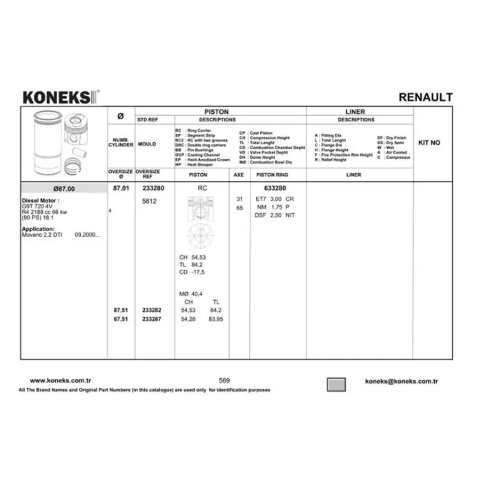 Motor Piston+Segman Laguna 2 2.2TDCI 16V G9T (87.00MM) / (Std) | KONEKS 233280 | OEM 7701472802 7701473968