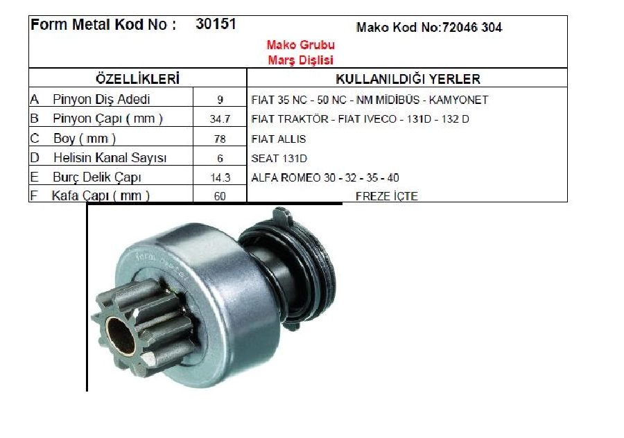 Marş Dişlisi 9D 6K İf Çatalsız Fiat Traktör Alfa Romeo-Fiat Iveco Daily 35NC-50NC Eski Model BOY:78 Pinyon | OEM 30151