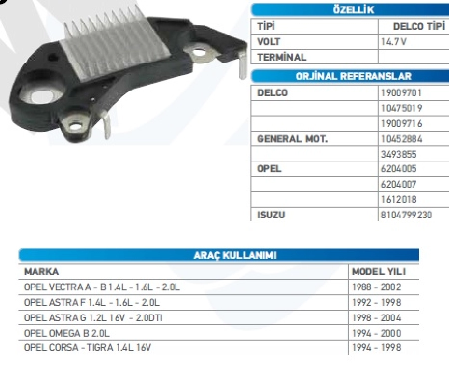Konjektör Delco Tipi 12V Opel Vectra B - Astra G 1,4 - 1,6 - 2,0i | OEM TRS.YR.DE701