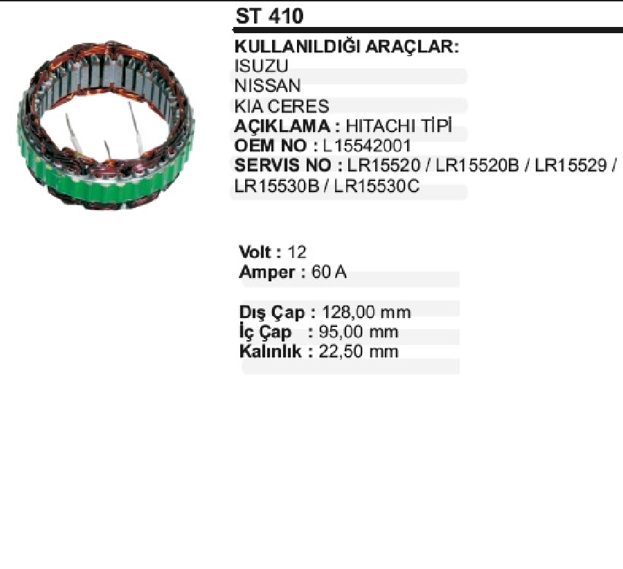 Statör Japon Tip 12V 50A Isuzu Mitsubishi { Dar } (10208) | OEM ST410