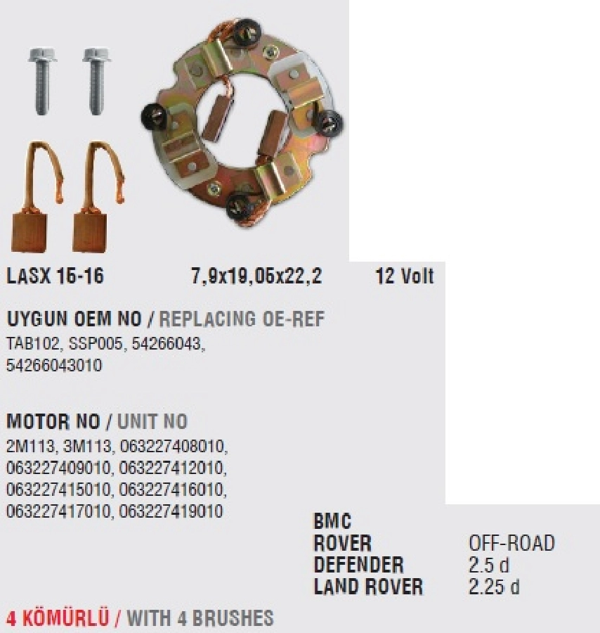 Marş Kömür Yuvası 12V - Marş BMC, Rover, Defender, Land Rover, Lasx 15-16 Mf Yeni Model (Uygun Kömür:LASX15, 16) | OEM LU5161