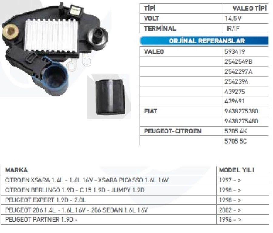Konjektör Valeo Tip 12V. (14.6V) Citroen Xsara Pıcasso, Peugeot 206, 306, 307 1.4, 1.6, 2.0 (Rp 17) | OEM TRS.YR.M564