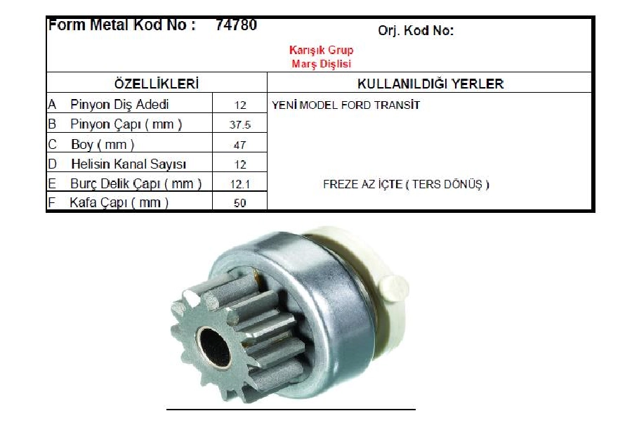 Marş Dişlisi 12D - Ters Dönüş Motograft Tipi Transit V184 | OEM SDR9024