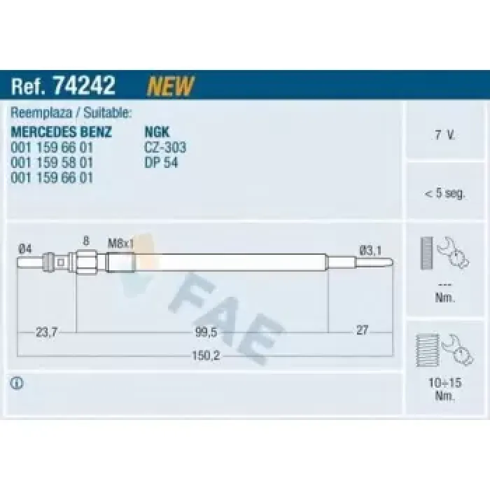 Kizdirma Bujisi W169 04>12 W204 09>14 W205 14>18 W212 09>16 W447 14> Sprinter 09> | FAE 74242 | OEM A0011596601