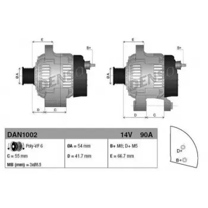 Alternator 12V 90A Doblo Grande Punto Idea Linea 1,3MULTIJET 1,3JTD | DENSO DAN1002 | OEM 1204429 13117278 13256930