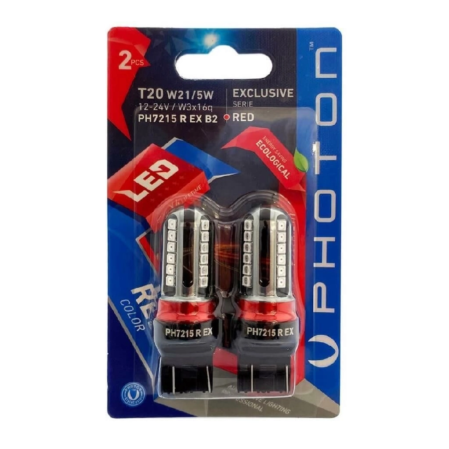 Ampul T20 W21, 5W Kırmızı Exclusıve 12V-24V LED (2'Lİ Blister) | OEM PH7215REXB2